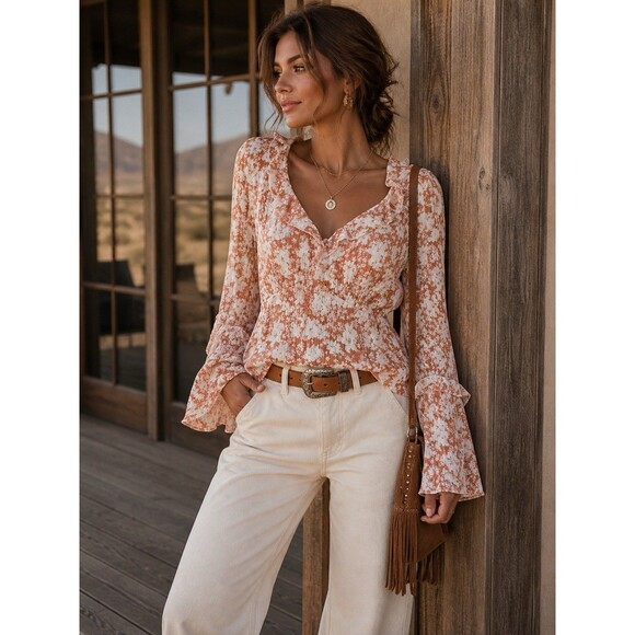 Pink Lily Tops - Pink Lily Top Womens S Floral Bell Sleeves Blouse